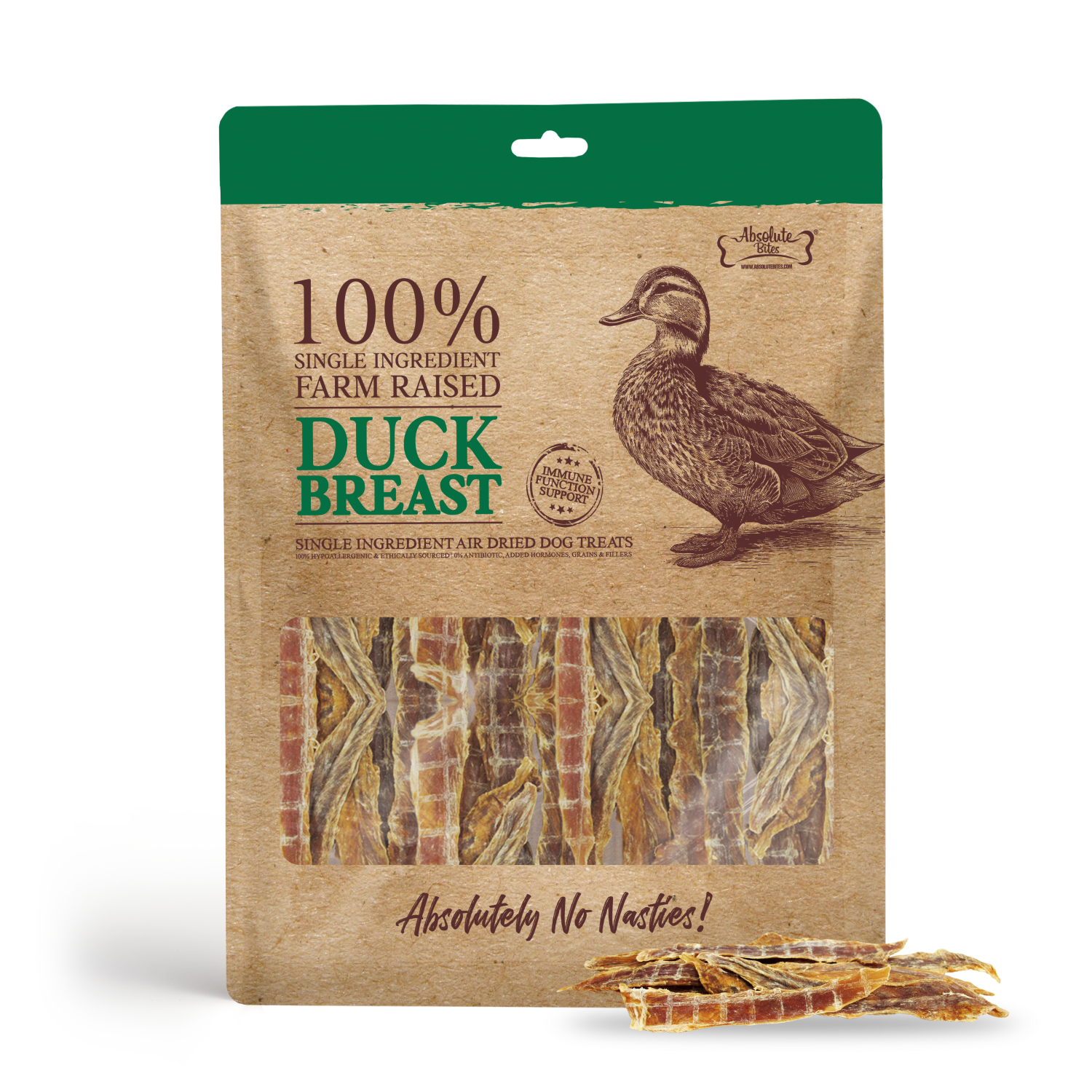 Packaging of Absolute Bites Air Dried Duck Breast treats for dogs and cats, showing the product and a duck illustration