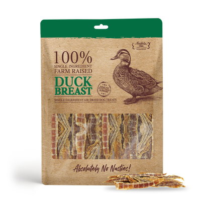 Packaging of Absolute Bites Air Dried Duck Breast treats for dogs and cats, showing the product and a duck illustration