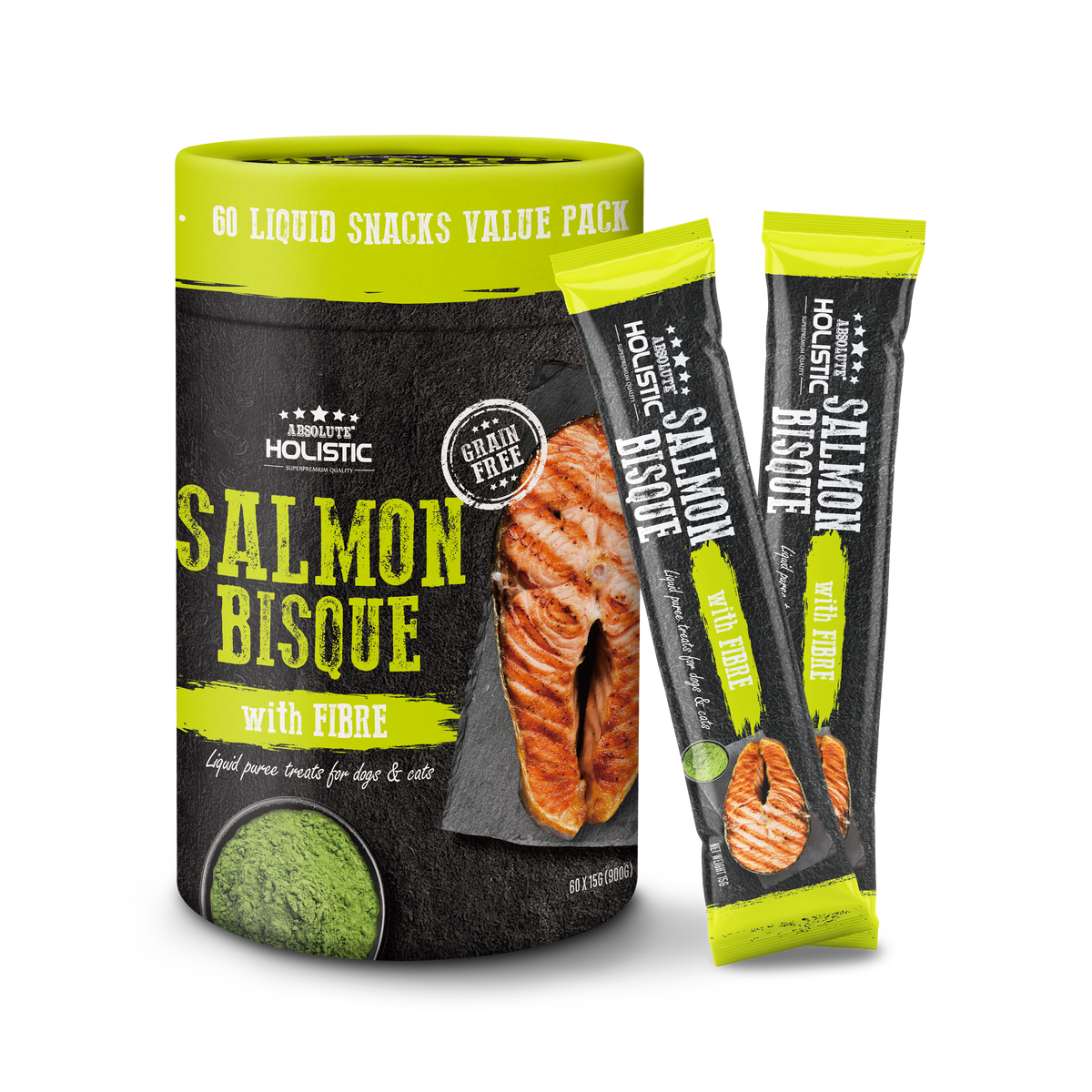 Absolute Holistic Liquid Puree Treats for Cats & Dogs - Salmon Bisque with Fibre (15g x 60 Sticks)