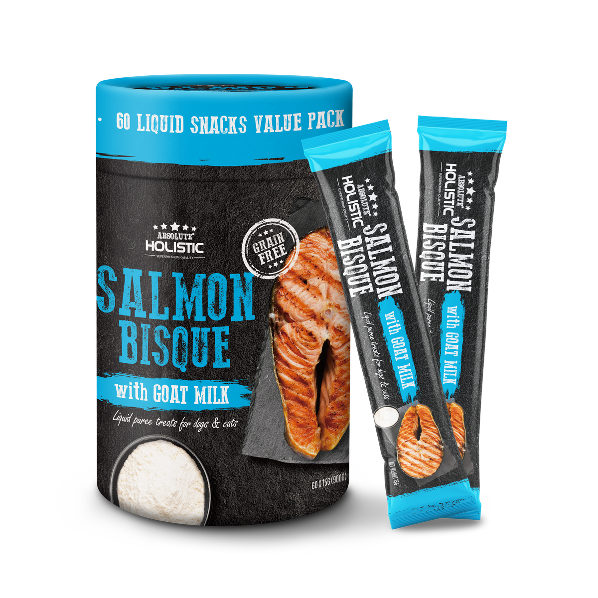 Absolute Holistic Liquid Puree Treats for Cats & Dogs - Salmon Bisque with Goat Milk (15g x 60 Sticks)