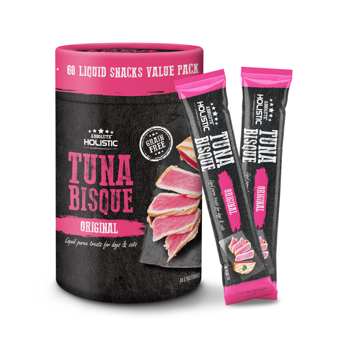 Absolute Holistic Liquid Puree Treats for Cats & Dogs - Tuna Bisque Original (15g x 60 Sticks)