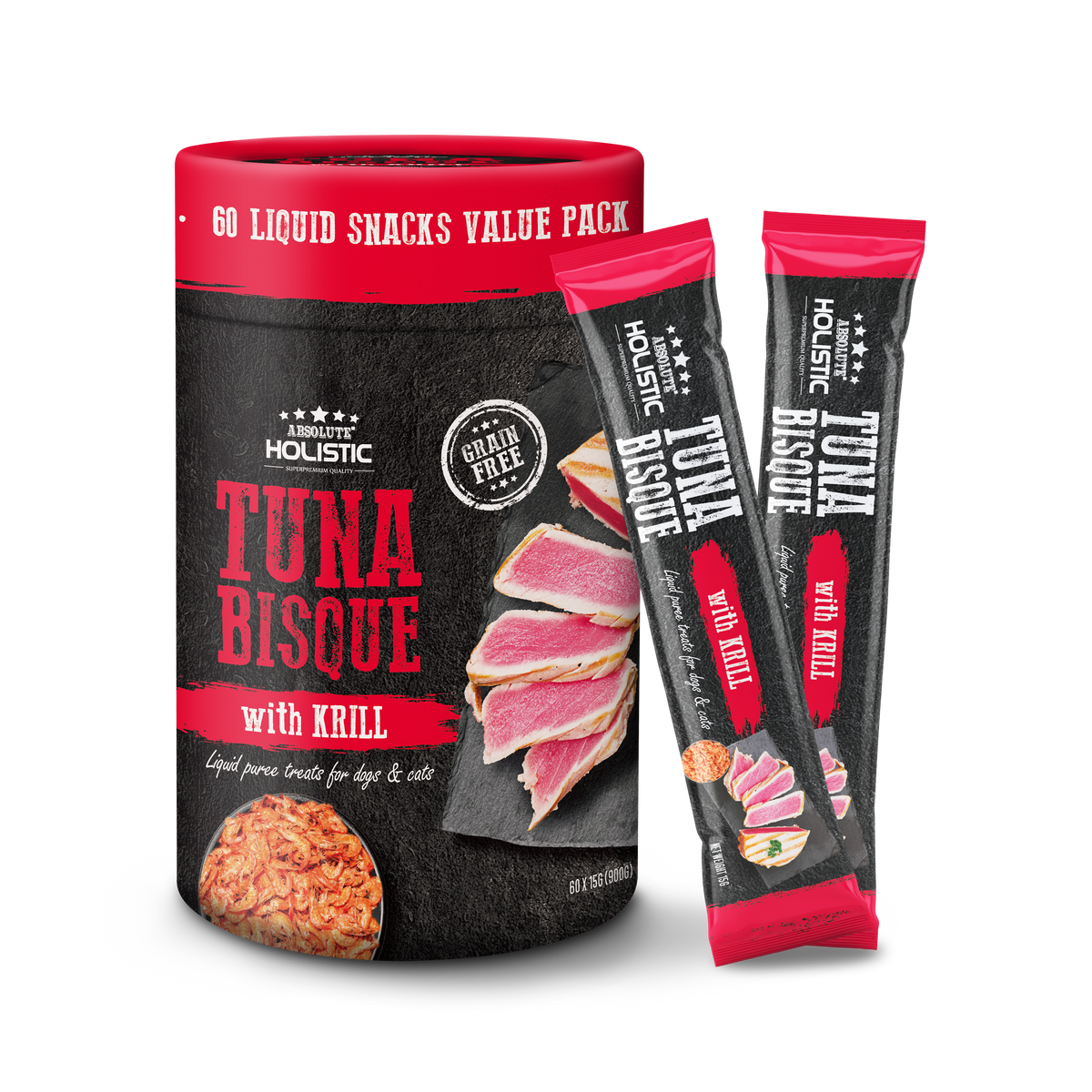 Absolute Holistic Liquid Puree Treats for Cats & Dogs - Tuna Bisque with Krill (15g x 60 Sticks)