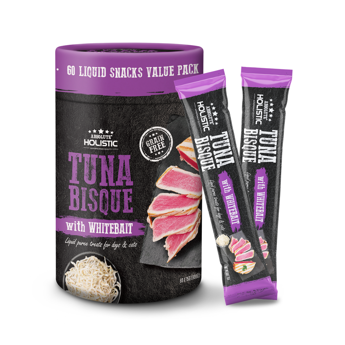 Absolute Holistic Liquid Puree Treats for Cats & Dogs - Tuna Bisque with Whitebait (15g x 60 Sticks)